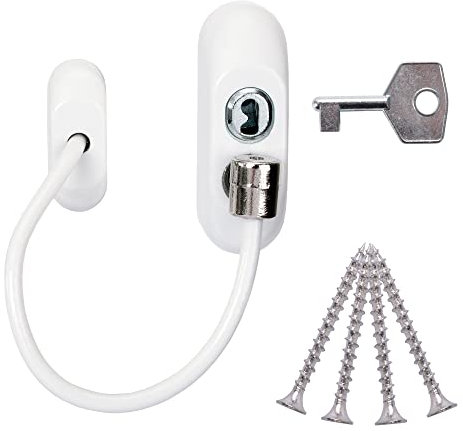 JCP Window Restrictor for Baby and Child Safety, Wire Cable Restrictor UPVC Window Safety Lock, Restricts Window Opening, Key Locking (1 x Pack, White)