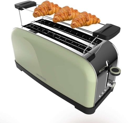 Cecotec Tostador Vertical Toastin' Time 1500 Green, 1500W, Doble ranura larga y ranura ancha 3,8cm, Varillas Superiores, Acero Inoxidable, Apagado y Pop-up Automático, Recogemigas