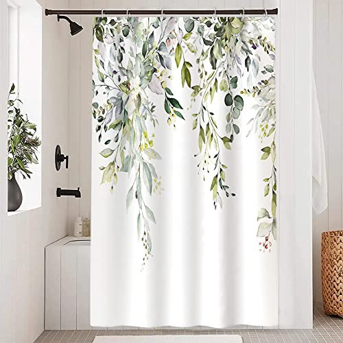 Uiiooazy Duschvorhang 120x200cm, Duschvorhang Anti Schimmel Salbeigrün Blätter Weiß Rosa Blumen Aquarell Duschvorhänge Stoff Waschbar Wasserdicht Polyesster Bad Vorhang mit 8 Haken für Badezimmer