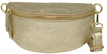 TheWan Demi Lune Petit Sac Banane Sac Poitrine Italien Cuir Italien Femme, Sac Demi Lune Porté Ceinture et de Travers Cuir Vachette,Dimensions: H12 x L 22 x P 5 cm (Or)