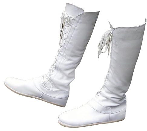 ORANDESIGNE Stivaletti da Uomo Medievali Stivali in Pelle PU Vintage Scarpe Piatte Corte Rinascimento Cavaliere Vichingo Prince Scarpe Cosplay Accessori per Costumi Pirata D Bianco 42 EU