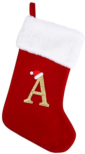 20 Inches Monogram Christmas Stockings with Letters, Large Super Soft Christmas Stockings Red Velvet with White Super Soft Plush Cuff for Christmas Xmas Tree Holiday Fireplace (A)