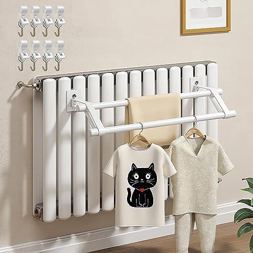 FREEUP Handtuchhalter für Heizkörper 50cm längen zum Einhängen, Doppel Handtuchhalter für Kompaktheizkörper mit 8 Haken, Edelstahl Handtuchhalter für Heizung Ohne Bohren (A01 50cm)