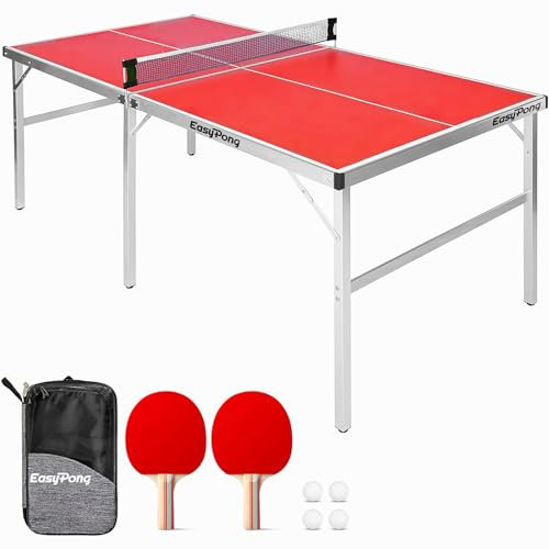 EasyPong | Ping Pong Tisch Rood | 182x91cm | Premium Qualität | Leicht zu transportieren | Stabil | Ideal für Outdoor & Indoor | 2 Schläger + 4 Bälle | Tischtennis | 100% Fun | OriginalCup