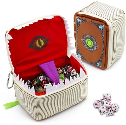 CASEMATIX Mimic Spell Book Dice Case with 7 Included RPG Dice - 7 Mimic Tome Dice Bag with Zipper Closure and Carabiner for 250 Dice, Protective Novelty Dice Holder for Tabletop Dice