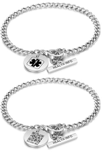 Theluckytag Verbessertes medizinisches Armband für Männer und Frauen mit QR-Code, medizinische Notfall-ID-Armbänder – Titan-Stahl-Armband passt Handgelenken von 20,3 - 25,4 cm – mehr Platz