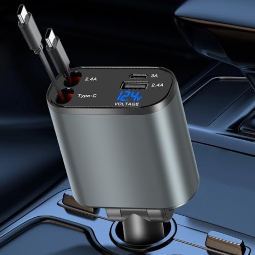 Einziehbares Auto Ladegerät, 120W Kfz Handy Schnellladegerä, PD&QC3.0 Kfz Ladegerät Zigarettenanzünde USB C Autoladegerät mit Verstecktem Kabel Car Charger für iPhone Galaxy Samsung Huawei Xiaomi
