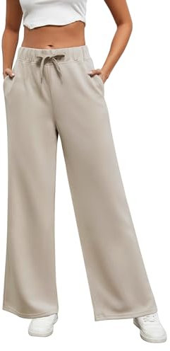 Xnova Hosen Damen mit Geradem Bein Yogahose, Lounge Jogginghose Kordelzug Breites Bein Freizeithose Hohe Taille, Bequem Viskose Hose Sweatpants Dehnbar Homewear Sporthose mit Taschen (Khaki, M)