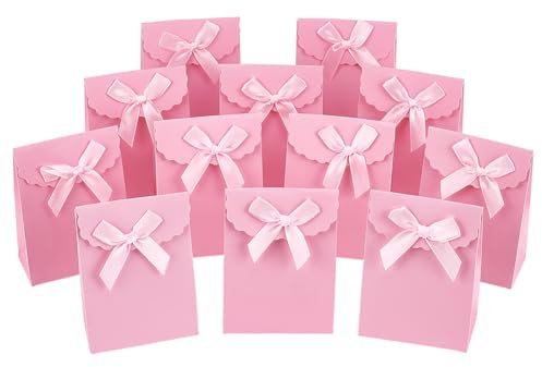 NBEADS 24 Pcs Sacs Cadeau avec Nœud Papillon, 10.5x7.5x4.2cm Sac Cadeau Debout Sacs cadeaux de fête Mariage Sachets d'Emballage Kraft pour Emballage de Bonbons et Biscuits, Rose