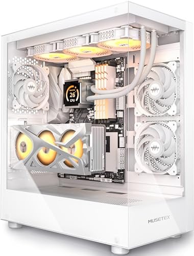 MUSETEX CASE PC ATX 3 Non-LED ventole preinstallate, Type-C Mid Tower Computer Case con doppio vetro temperato Full View, Gaming PC Case, Bianco (K2)