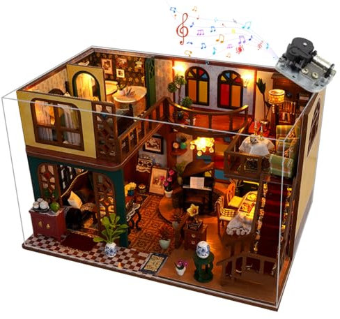 Cjeuxnr DIY Miniatur Puppenhaus Kit, Holz Puppenhaus mit Möbeln und LED Licht, Vintage Loft Modellbau Puzzle für Home Dekorative Handwerk