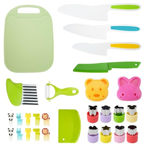 29PCS Cuchillo Niños Para Cortar, Cuchillos Para Niños, Mini Set Cuchillos Cocina con Cuchillos de Plástico Y Madera Tabla de Cortar Pelador Tenedores Moldes Cortadores Y Cortador Ondulado