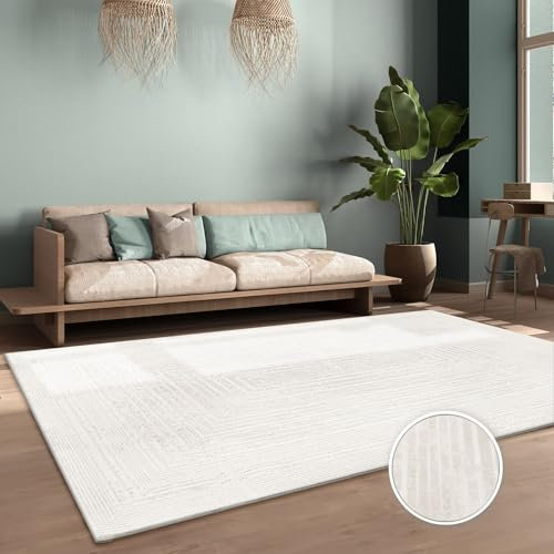 Wohnzimmer Teppich Esszimmer Kurzflor Boho Skandi Motiv Unifarben Hoch-Tief-Effekt Abstrakte Optik Moderner Style, Farbe:Beige Creme, Größe:120x170 cm