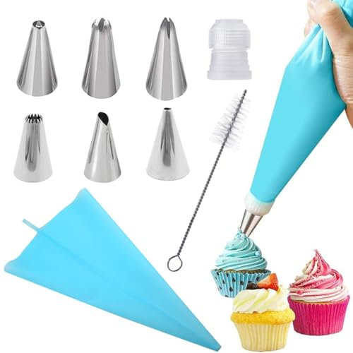 AFCJLTO Set sac à poche 9 Pezzi con sac à poche professionali da 12 pollici, 6 beccucci in acciaio inossidabile, adattatori e spazzola per la pulizia, Kit ideale per decorare torte, biscotti e cupcake