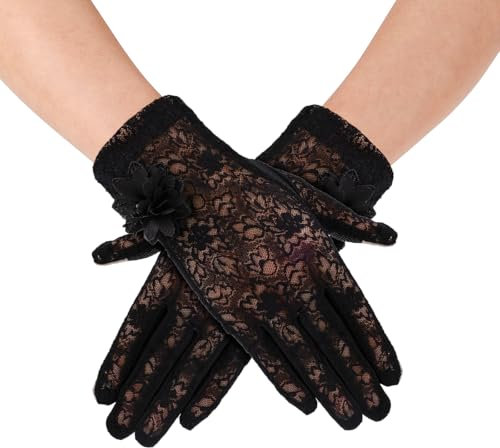 Mikovivi Guantes de Encaje, Guantes Cortos de Encaje para Mujer Guantes de Fiesta de Té Guantes Florales de Encaje Guantes de Boda Nupcial para Fiesta de Noche Boda Graduación Cosplay (Negro)
