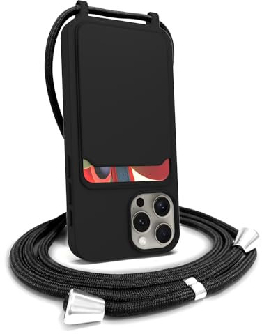 FOQENCCI Crossbody Phone Case for iPhone 15 Pro Max Card Holder Phone Case with Adjustable Lanyard Neck Strap Liquid Silicone Slim Shockproof Protective Cover Compatible with iPhone 15 Pro Max Black