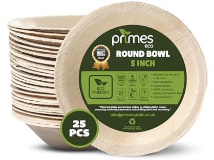 PRIMES ECO 25 PC Disposable Palm Leaf Round Bowls | Eco Friendly Biodegradable Compostable Soup, Salad, Pasta, Dessert Bowls | Sturdy Disposable Palm Leaf Tableware for Party and Catering (5 INCH)