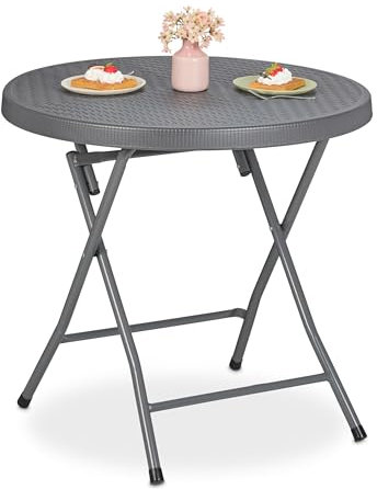 Relaxdays Gartentisch, klappbar, HxD: 74 x 80 cm, Rattanoptik, Kunststoff & Stahl, wetterfest, runder Balkontisch, grau
