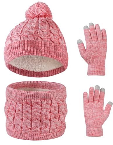 Waylipun Wintermütze Schal Handschuhe Set für Mädchen Jungen, 3 in 1 Warm Winte Strickmütze Kinder Mütze Set mit Plüsch Innenfutter für Kinder 3-10 Jahre (Rosa-Mix)