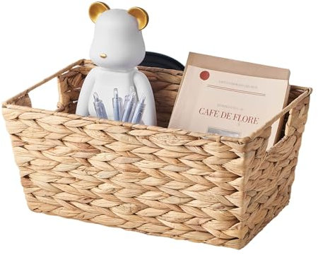 Eden & Willow Natural Water Hyacinth Woven Storage Basket with Handles | Wicker Shelf Baskets for Home Decor and Bathroom Organisation | Handmade Stackable Gift Hamper Basket (2, Medium)