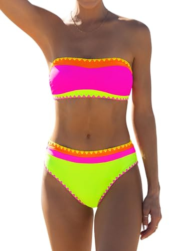 popvil Women's Neon Color Block Bandeau Swimsuits Strapless Bikini Sets Two Piece Bathing Suits, Hot Pink, XL