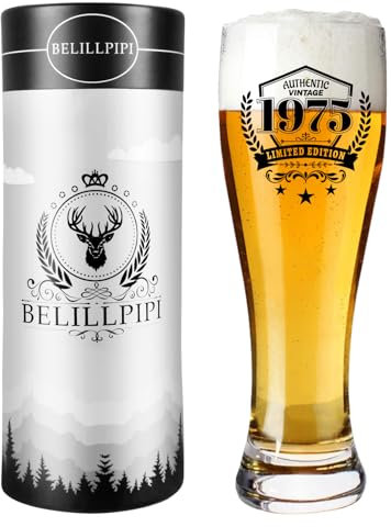 Belillpipi Bierglas Geschenke zum 50 Geburtstag Mann, 1975 Bierglas Mit Gravur 50 Geburtstag, Geburtstagsgeschenk für Männer Papa Bierkrug, Bierkrug 0,5L Personalisiert