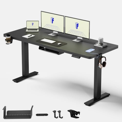 FLEXISPOT Bureau Assis Debout 160x60cm Bureau Réglable en Hauteur Électrique, Panneau de Contrôle à Fonctions Mémoires, Bureau à Télétravail(Cadre Noir+Plateau Noir)