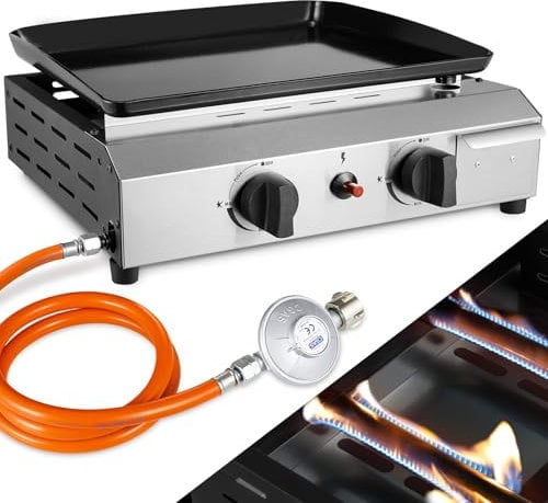 Gas Plancha Grillplatte, Kompakt Tischgasgrill 2 Brenner, Gasgrill Edelstahl 4,8 KW(16500 BTU), Keramische Lackbeschichtung Grillfläche, Tragbarer Balkon Camping Picknick BBQ Grill (Butan/Propan)