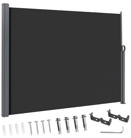 BelleMax Seitenmarkise ausziehbar, breiter 20 cm, 160 x 350+20 cm, Wandmakise Sichtschutz Sonnenschutz Windschutz, Seitenrollo für Terrasse, Garten, Seitenmarkis Dunkelgrau