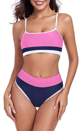 Ocean Blues Bikini da donna a blocchi di colore a due pezzi con pantaloni a vita alta e spalline sottili girocollo top costume da bagno a due pezzi, Fucsia, L