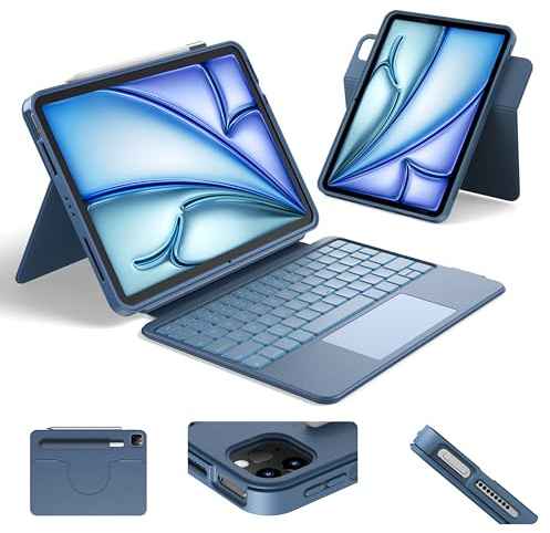 HOU Custodia per iPad Air 11 con tastiera (M3 2025, M2 2024), custodia protettiva magnetica rimovibile e girevole, retroilluminazione a 7 colori, touchpad, portapenne elastico per iPad Pro 11 (4°-1°