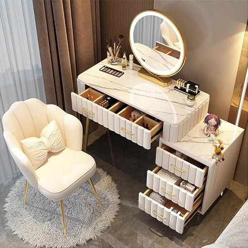 WANGXLGD Tavolo da trucco con specchio, moderno tavolo da trucco con specchio illuminato e 4 cassetti, grande set da toilette per camera da letto, 3 modalità di illuminazione a colori (White,80cm)
