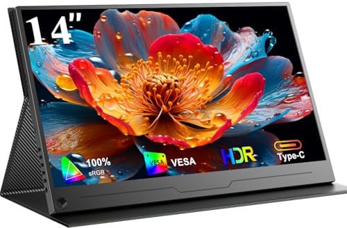 Newsoul 14 Zoll 4K Portable Monitor, 3840x2160 UHD Tragbarer Monitor mit 1500:1 Contrast,100% DCI P3,Tragbarer Mobiler QLED Bildschirm mit HDMI & 2 Typ C Ports & Schutzhülle für Laptop/PC/PS5/4/Xbox