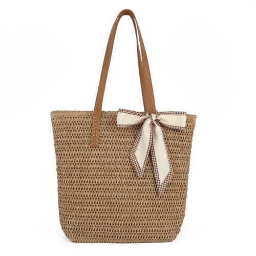 Mervokl Strandtasche Damen Geflochtene Tasche aus Papierseil mit Ledergriffen und Reißverschluss Große Beach Bag für Sommer Urlaub und Strand – Leicht & Stilvoll