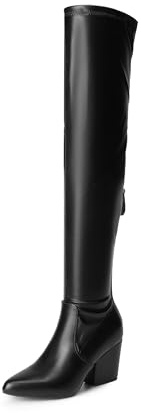 DREAM PAIRS Women's Pointed Toe Thigh High Over the Knee Boots Tall Chunky Blocked Heel Fall Long Fashion Sexy Boots,Size 6,Black-Pu,DWUMOB2506