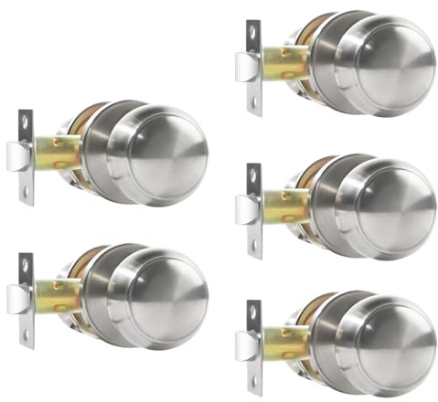 RAZCC Pomos de puerta de paso, paquete de 5 pomos de puerta de níquel satinado, para pasillo y armario, sin bloqueo, manijas interiores redondas sin llave, reversibles para puertas zurdas y derechas