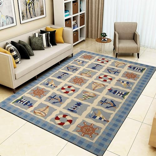 OUZUIU Nautisches Teppich mit Küste, Anker, Ruder & Leuchtturm Mustern, Maschinenwaschbar Weich Kurzflor, Schlafzimmer & Esszimmer, Kinderfreundlicher für Heimdekoration 120x210cm Carpet