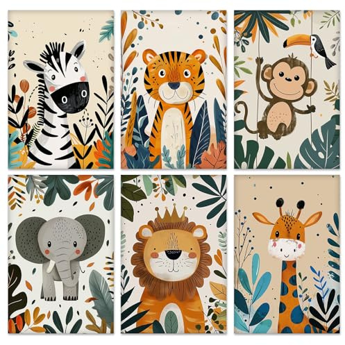 QENSPE 6er-Pack Malen nach Zahlen Set, Gespannte Leinwandtafeln zum Malen für Erwachsene, Acryl-Ölgemälde für Schüler und Anfänger, ideal für Sip & Paint-Partys, Tiere mit Pflanzen 20x30 cm