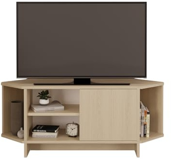 Bimossa Teo Corner TV Stand – Space-Saving TV Unit for 43–48'' TVs, Compact Media Console with Open Shelves & Cabinet, Ready to Assemble, Available in 5 Colours (Light Oak)