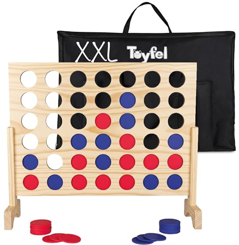 Toyfel Vier Gewinnt Spiel XXL Holzspielzeug groß aus FSC® Holz für Kinder | Natur Spielklassiker 4 Indoor & Outdoor Premium Gesellschaftsspiel für Erwachsene Spiele Jahren Gartenspiel Boden Ace
