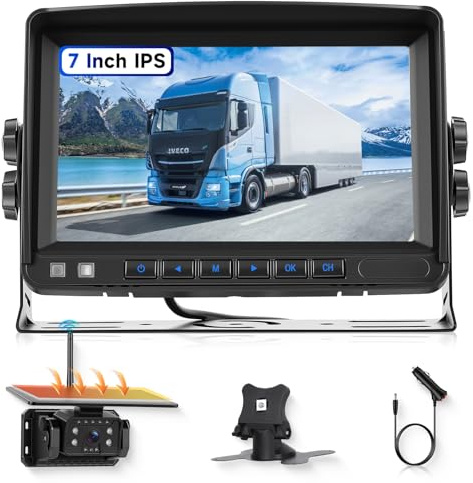 VECHTEL Kabelloser Rückfahrmonitor 7'' IPS HD, Solar-Rückfahrkamera Kabellos 10000mAh Magnetisch IP69, Nachtsicht, Intelligente Parkhilfslinien, Kompatibel 12V-36V für Auto LKW SUV