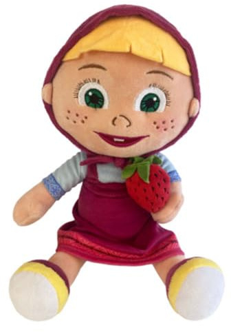 PTS SRL Masha und der Bär Plüschtier Masha sitzend mit Erdbeere – weiche Sammelfigur inspiriert aus der TV-Serie – Höhe 25 cm – mehrfarbig