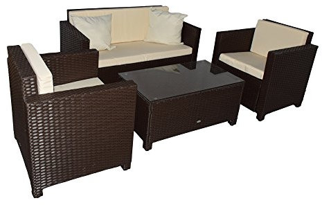 Jet-Line Gartenmoebel Garten Lounge Set Sitzmoebel Cannes braun Rattan Lounge Polyrattan Gartenausstattung braun Terrase Balkon Möbel Sofa Sessel Tisch Polyrattan Wetterbeständig Sitzgruppe
