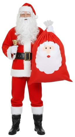 Santa Claus Costume - XXLarge - 12 Piece Father Christmas Fancy Dress Costume – Includes: Jacket, Trousers, Wig, Beard, Sack, Glasses, Eyebrows, Gloves & Hand Bell
