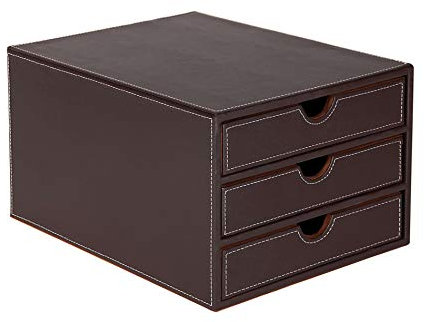 OSCO Brown Faux Leather 3 Tier Papersorter | A4 Drawers | Document Storage | Paperwork Filing | Desk Tidy | Workspace Organiser | H19 x W25 x D34 cm |