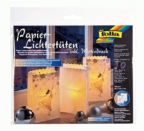 folia 11923 - Lichtertüten aus schwer entflammbarem Papier, 10 Stück, 5x blanko, 5x mit Motivdruck Eistänzerin, ca. 19 x 11,5 x 7 cm, stimmungsvolle Tischdekoration im Advent und zu Weihnachten