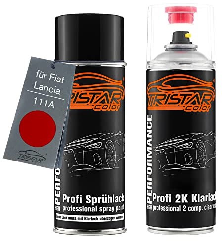 TRISTARcolor Autolack 2K Spraydosen Set für Fiat/Lancia 111A Rosso Sfrontato/Pasodoble Rot Basislack 2 Komponenten Klarlack Sprühdose