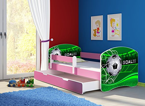 CLAMARO 'Fantasia Pink' 180 x 80 Kinderbett Set inkl. Matratze, Lattenrost und mit Bettkasten Schublade, mit verstellbarem Rausfallschutz und Kantenschutzleisten, Design: 14 Fußball Toor