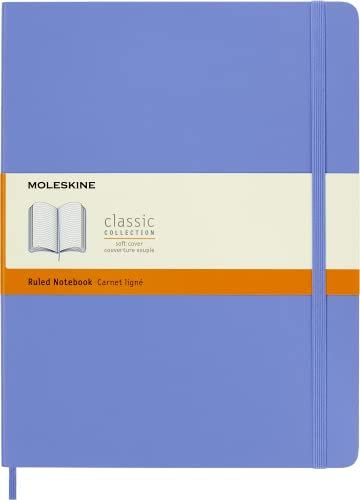 Moleskine - Klassisches Notizbuch, Liniertes Notizbuch, Weicher Einband und Elastischer Verschluss, Größe XL 19 x 25 cm, Farbe Hortensienblau, 192 Seiten