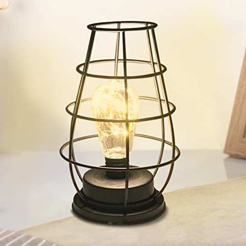 Iron Night Light,Vintage Table Lamp, Black Retro Industrial Iron Metal Wire Basket Cage Style Light Shade Desktop Light for Bedside Desk Modern Decorative